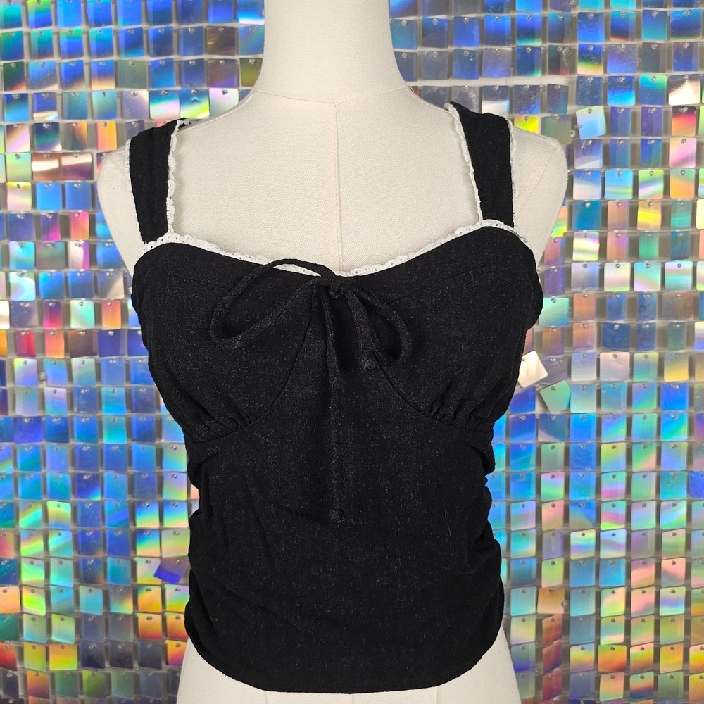 Sienna Sky Tank Top Womens Medium Black Linen Blend Lace Trim Smocked Milkmaid
